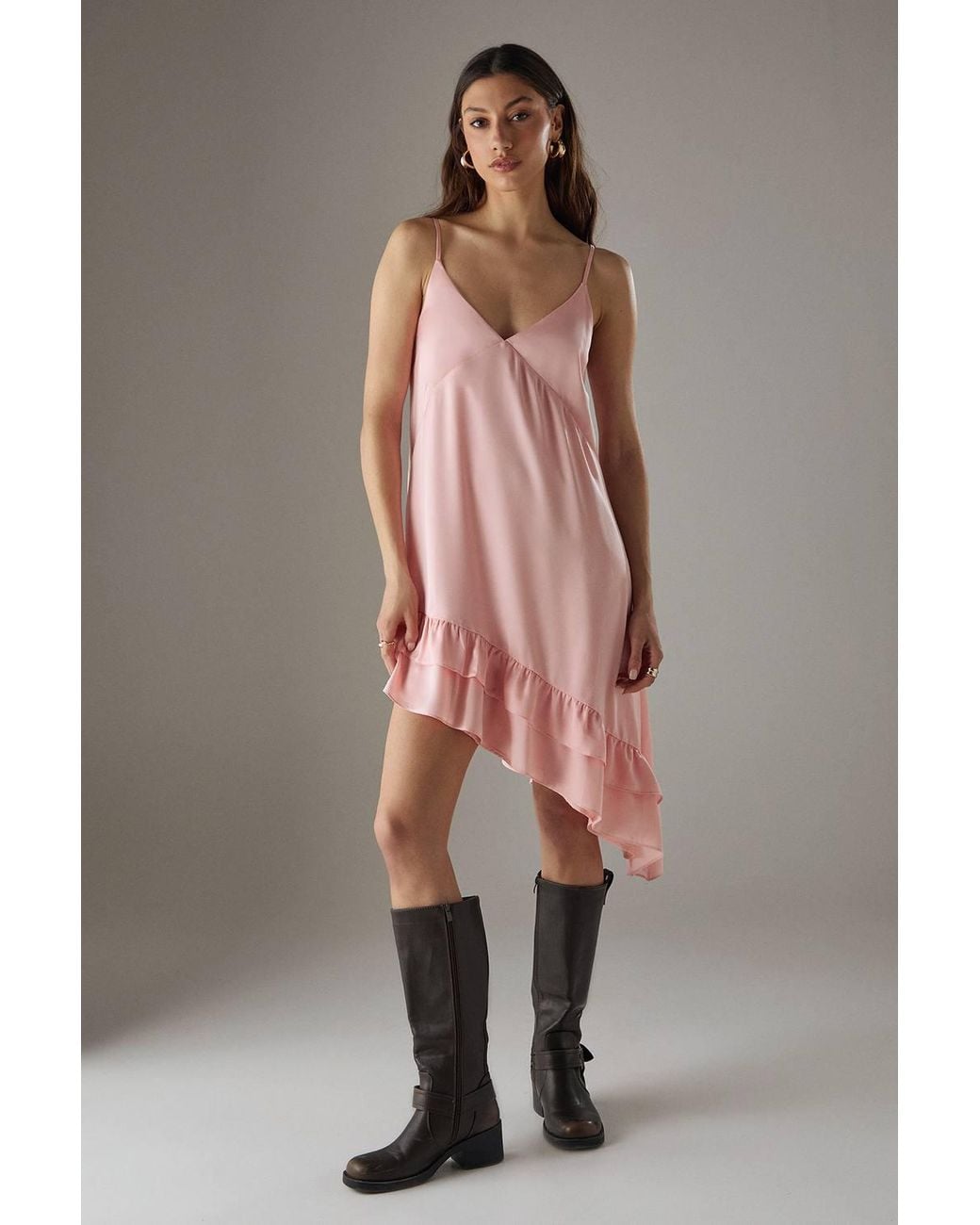 Warehouse Orange Satin Asymmetric Ruffle Mini Strappy Dress