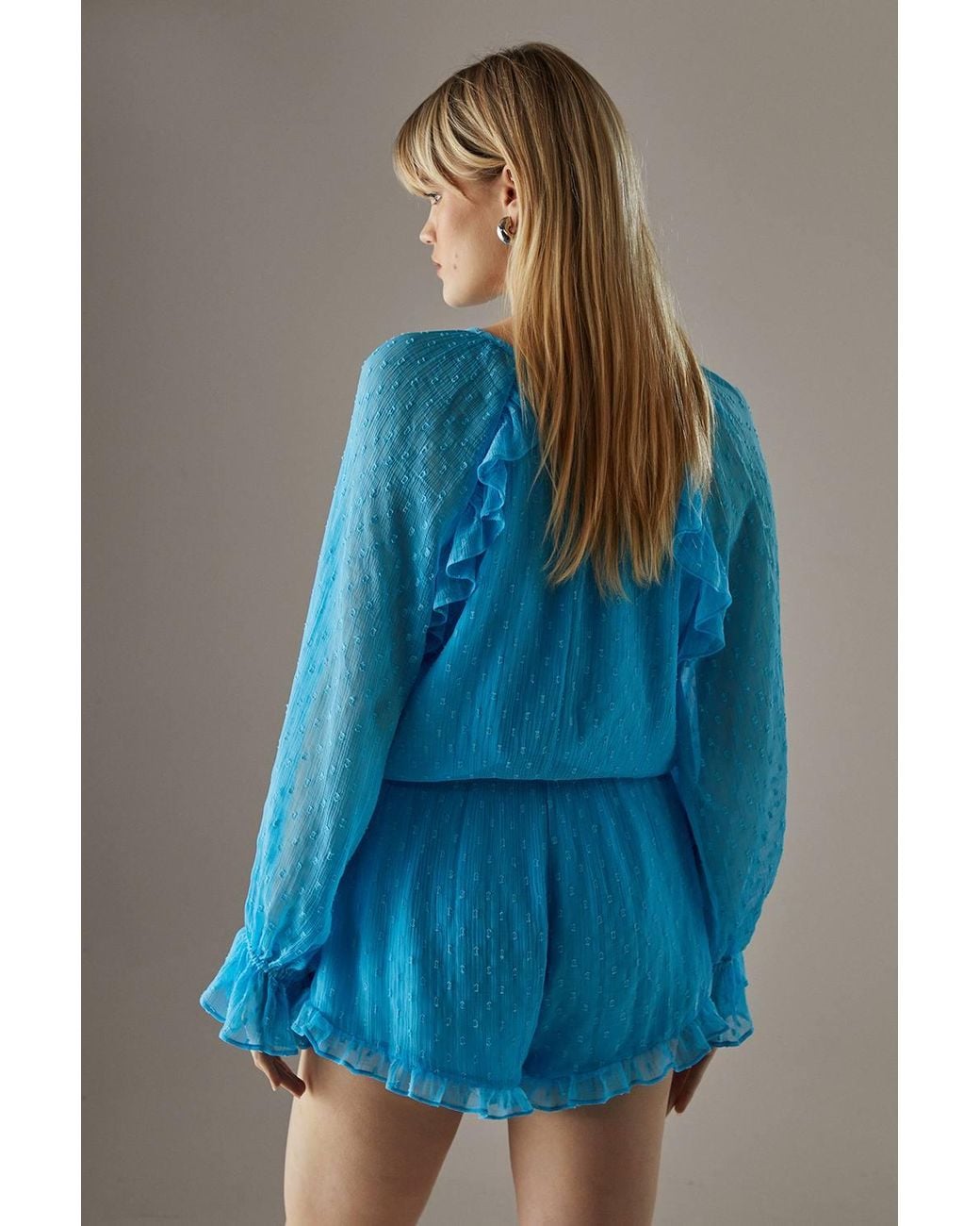 Warehouse Blue Marble Dobby Chiffon Ruffle Blouson Romper