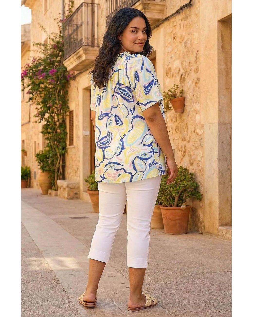 Roman Brown Curve Abstract Print Gathered Top