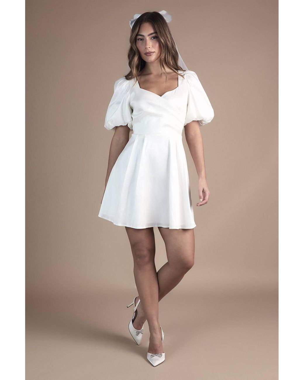 Coast White Puff Sleeve Mini Dress Wedding Dress W/ Tie Back