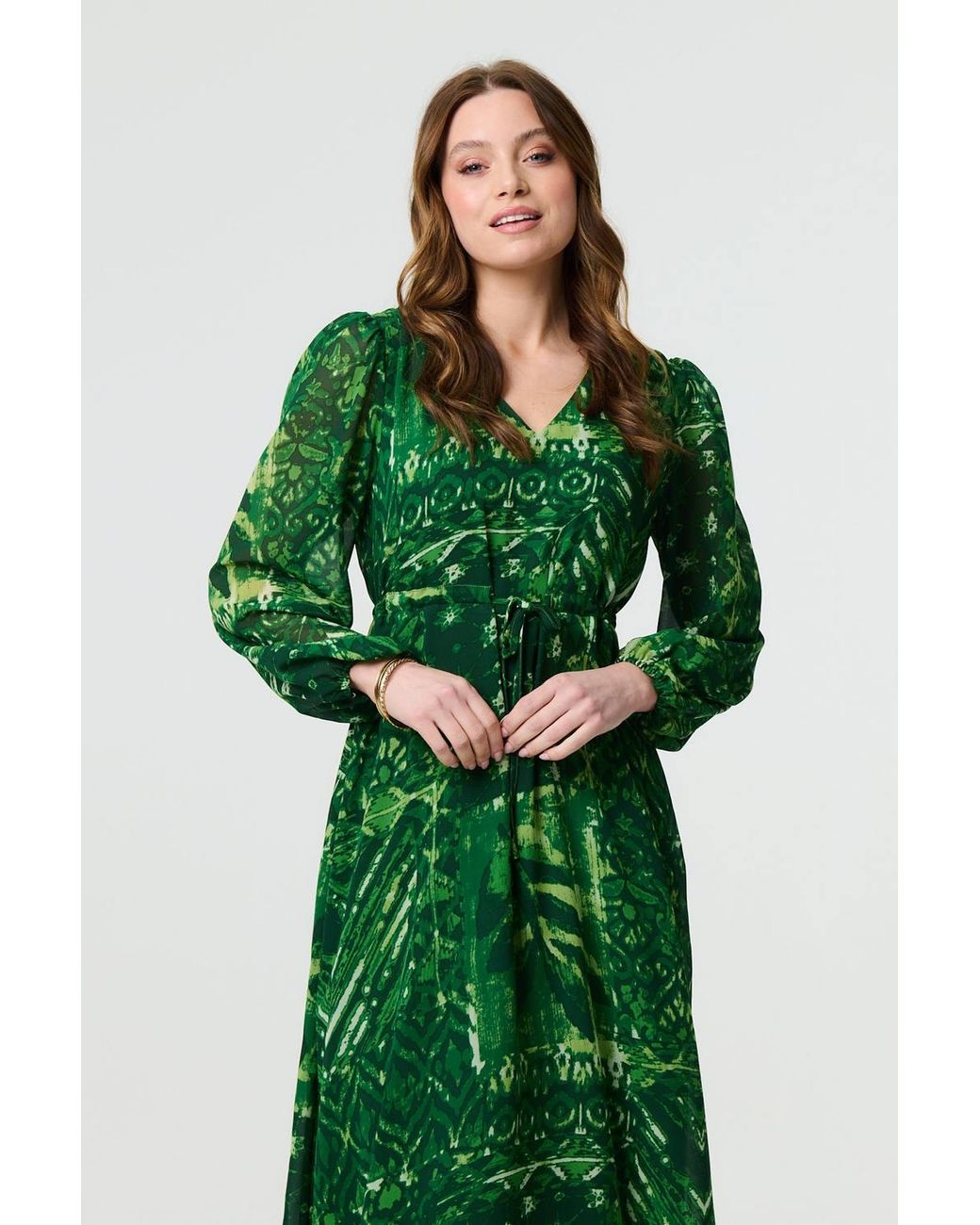 Izabel London Green Printed Semi Sheer Empire Maxi Dress