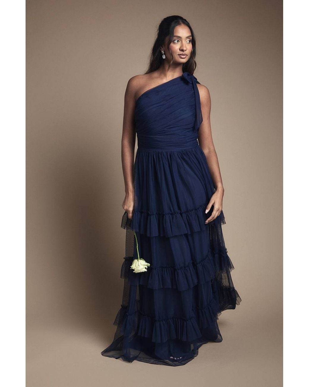 Oasis Blue Pleated Mesh One Shoulder Tiered Maxi Bridesmaid Maxi Dress
