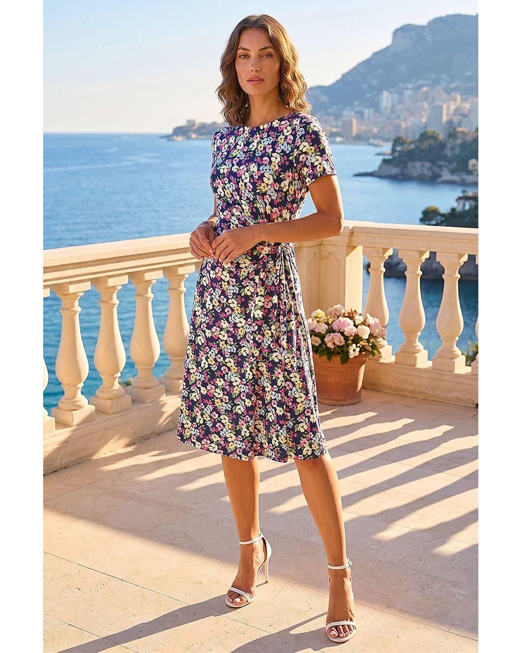 Roman Blue Petite Floral Side Tie Midi Dress