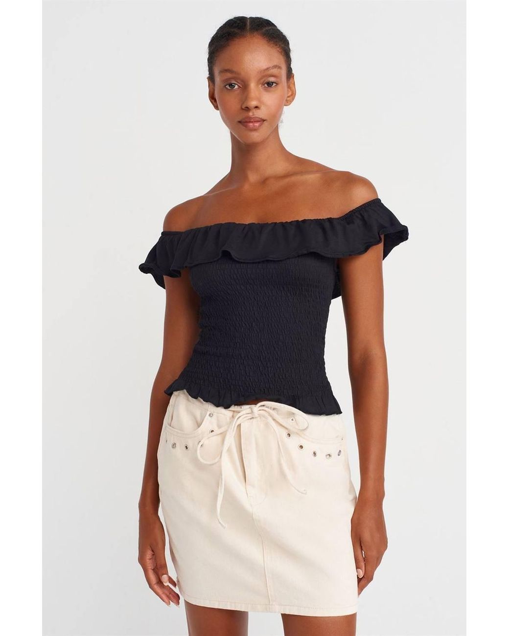 Dilvin White Cotton Denim Mini Skirt W/ Tie Waist