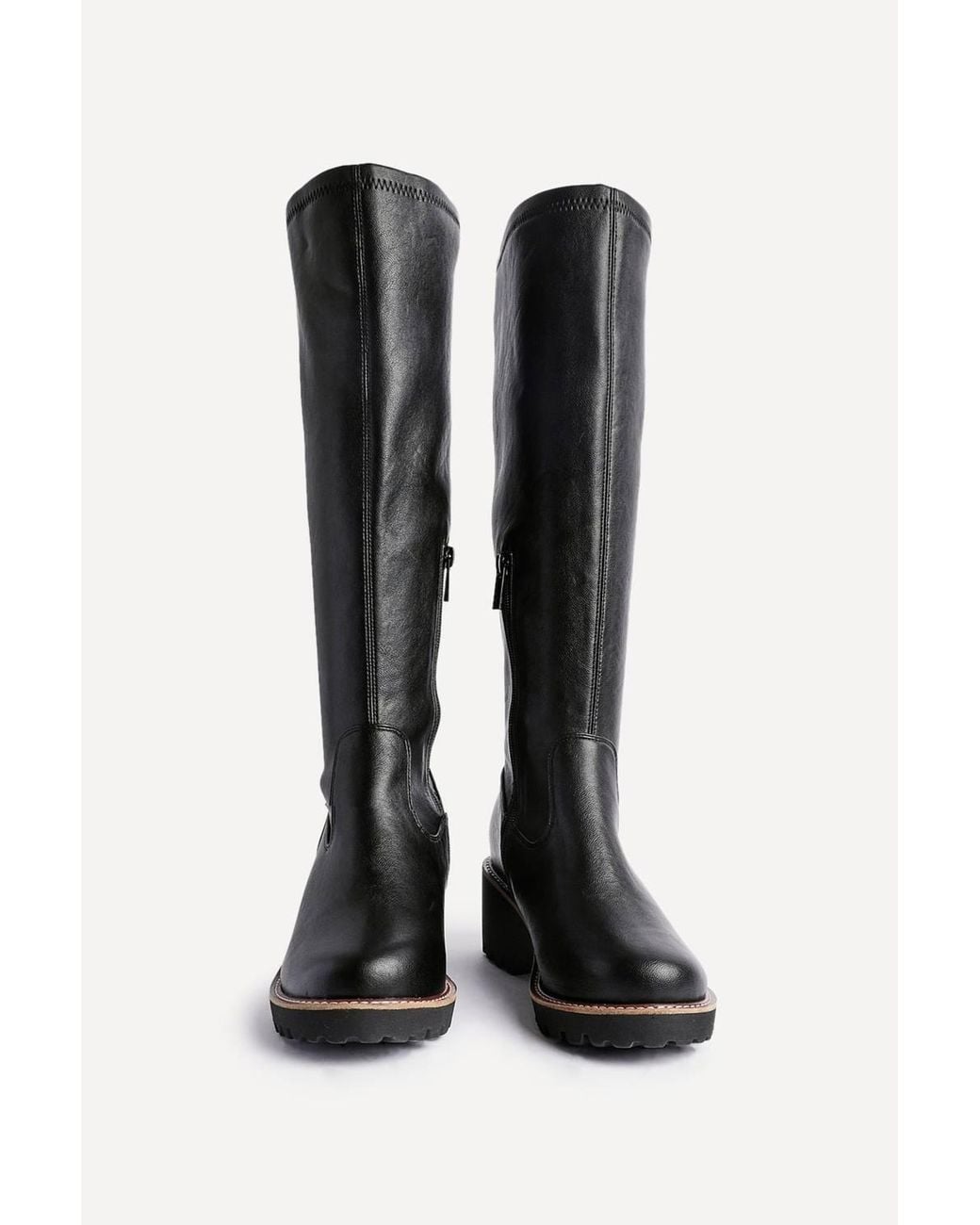 Linzi Black Maintain Wide Fit Faux Leather Stretch High Leg Wedge Boot