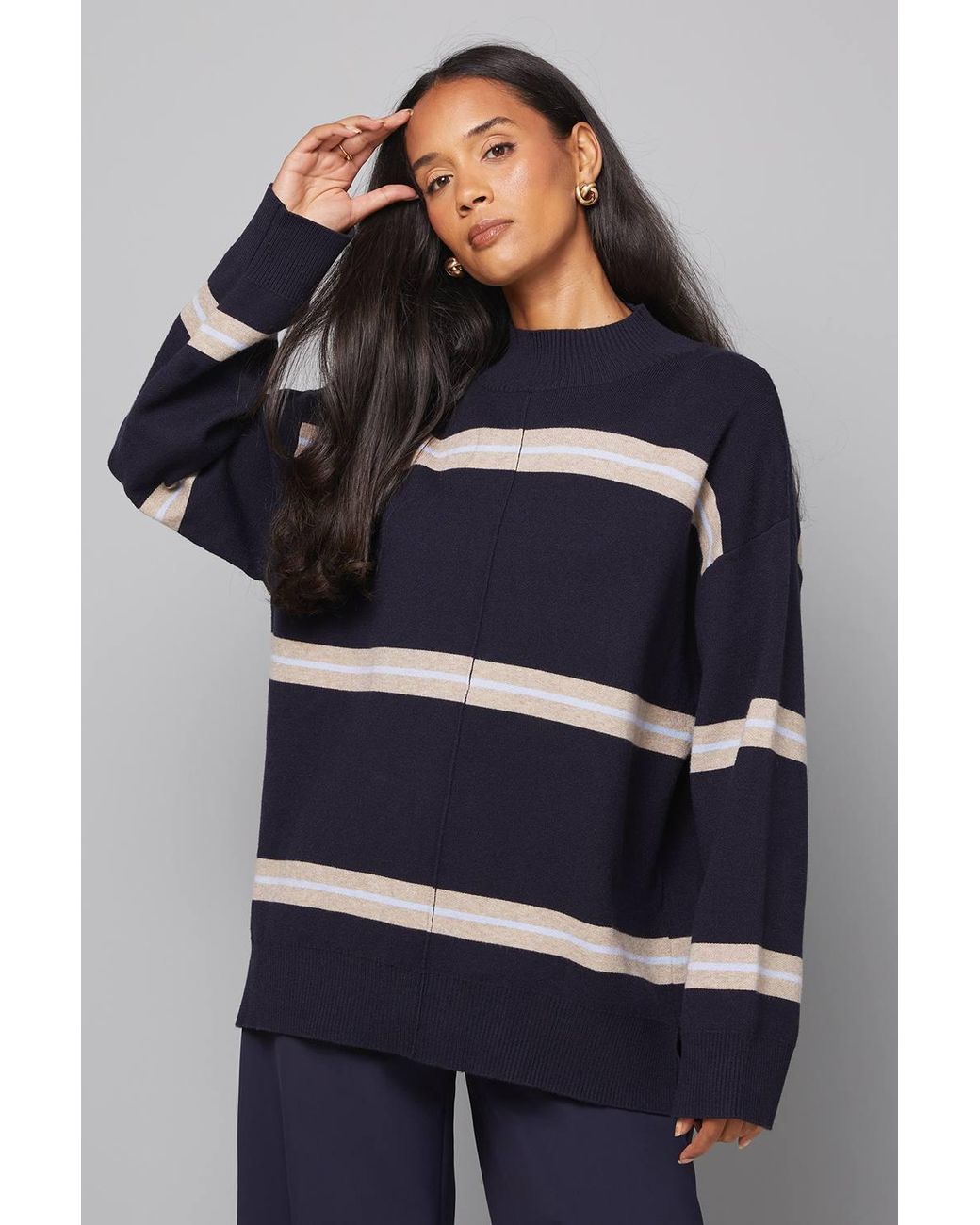 Wallis Blue Stripe Detail Funnel Neck Knitted Jumper