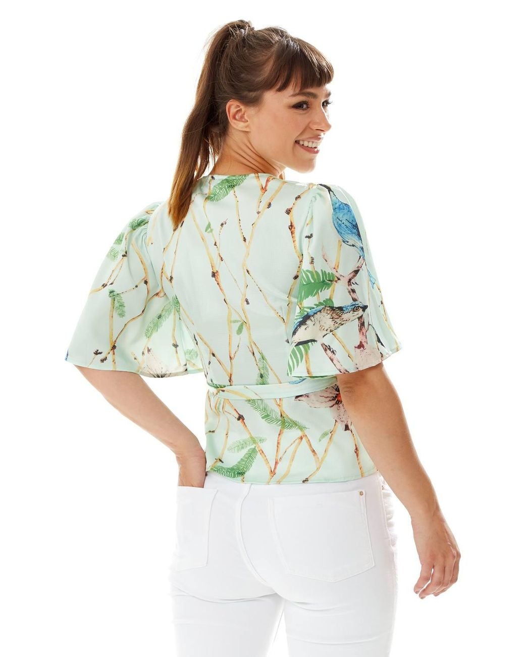 Liquorish Green Bird Print Wrap Top