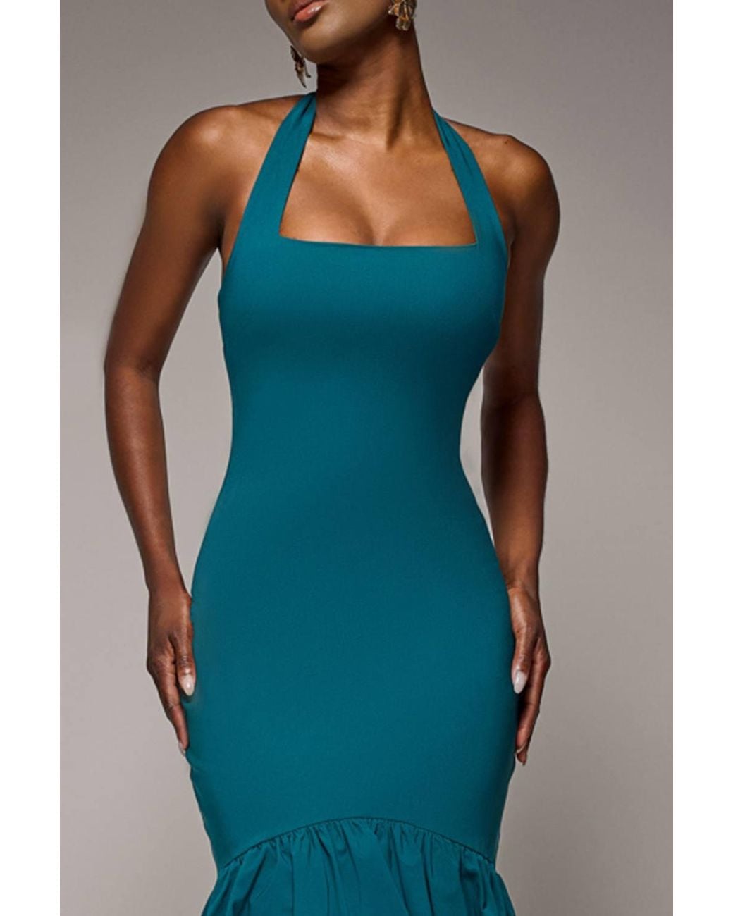 Goddiva Blue Halter Neck Puff Hem Mermaid Midaxi Dress