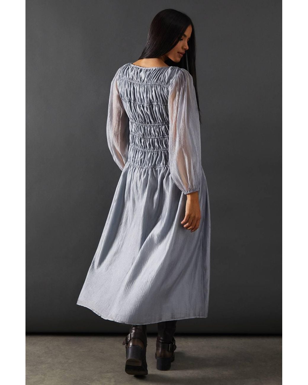Warehouse Gray Shirred Chiffon Panel Bodice Midi Dress