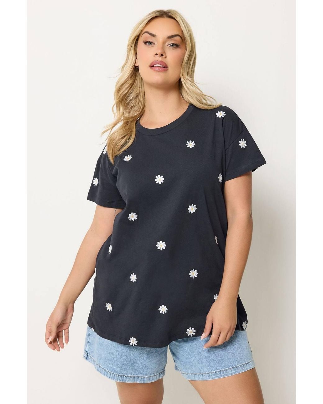 Yours Blue Embroidered Daisy T-Shirt