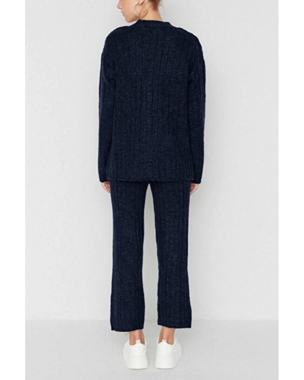WOVCOR Blue 2-Piece Set Ribbed Knit Cardigan & Wide Leg Trousers