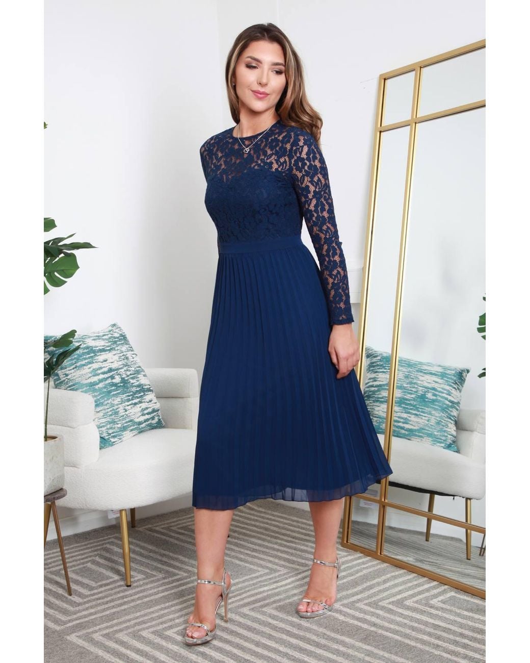 Double Second Blue Long Sleeve Lace Pleated Dress