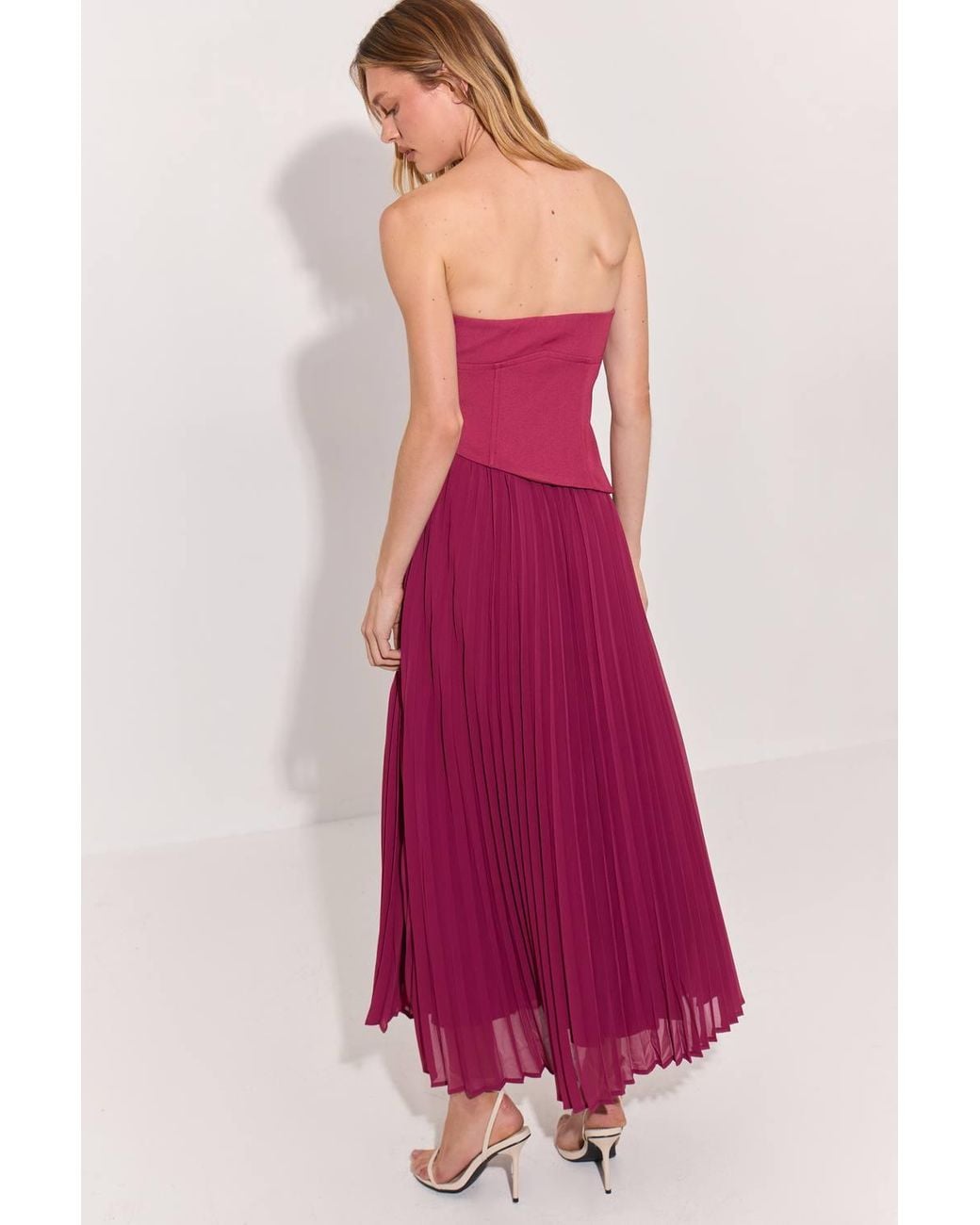 Warehouse Pink Bandeau Bodice Pleated Chiffon Midi Dress
