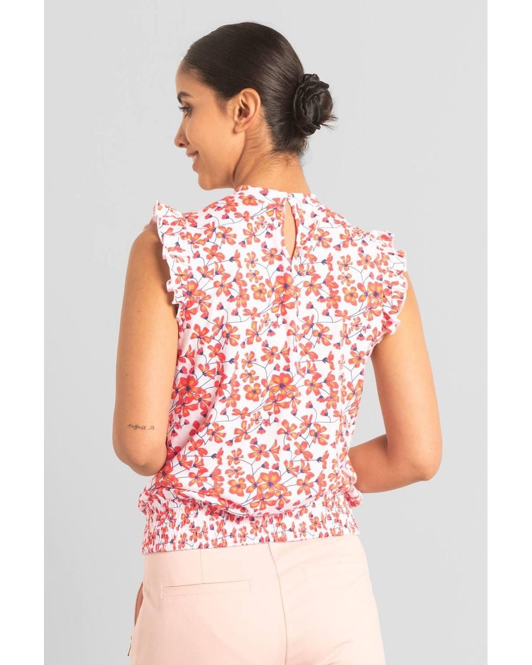 Enorsia Pink Floral Printed Smocked Hem Frill Top
