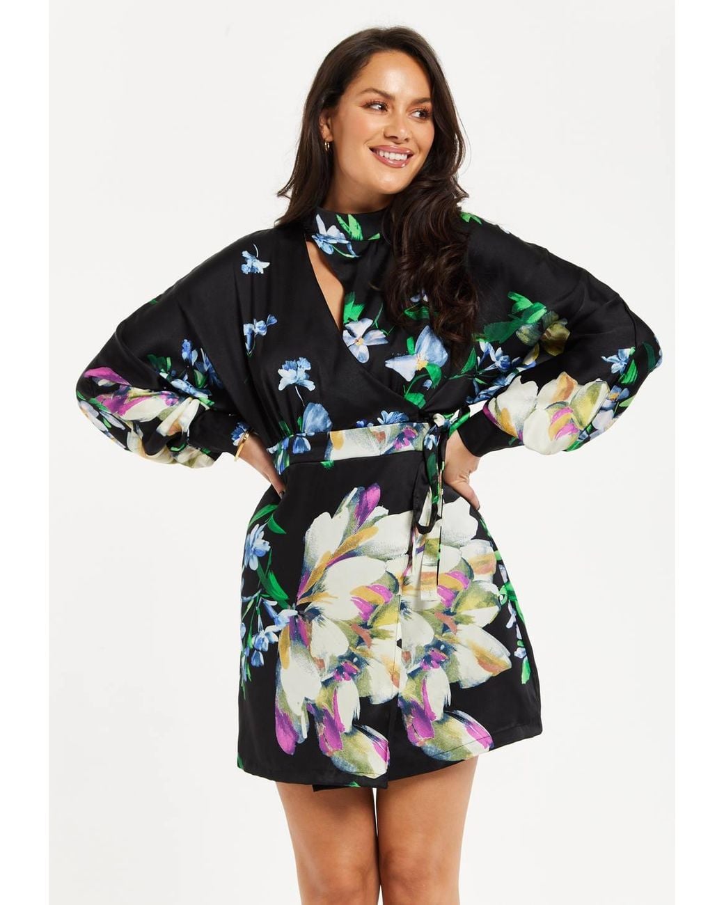 Liquorish Black Elegant Floral Print Mini Wrap Dress W/ Cut Out Detail