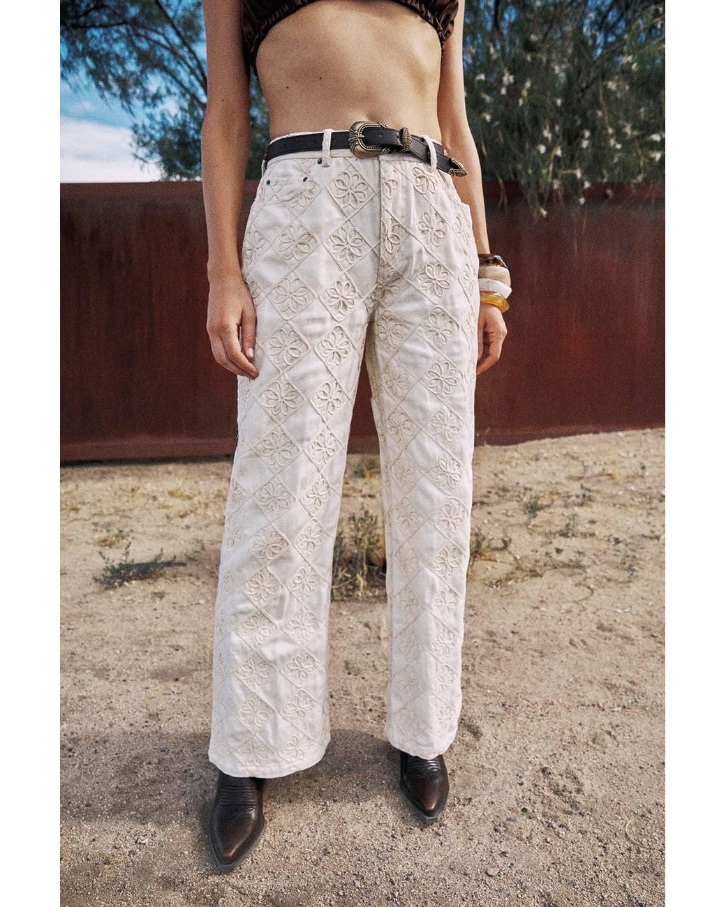 Nasty Gal Gray Embroidered Flower Straight Leg Denim Jeans