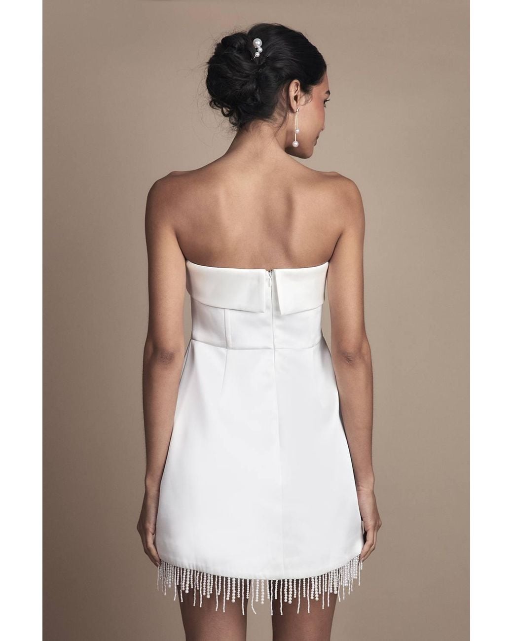 Coast White Strapless Satin Mini Wedding Dress With Hem Pearl Trim