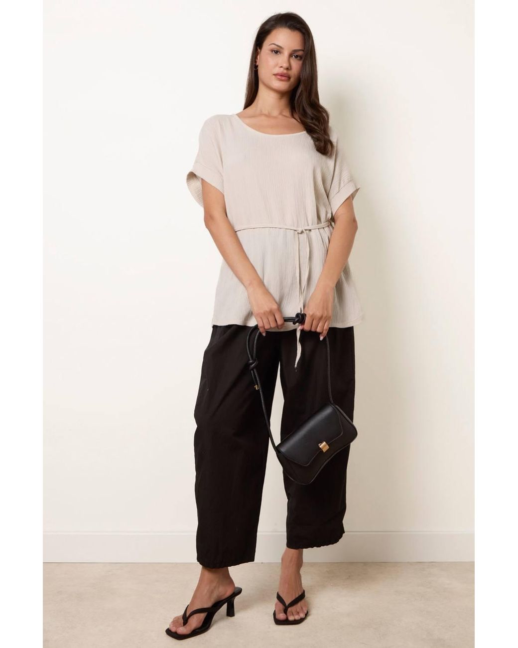 Blue Vanilla Natural Short Sleeve Belted Round Neck Top