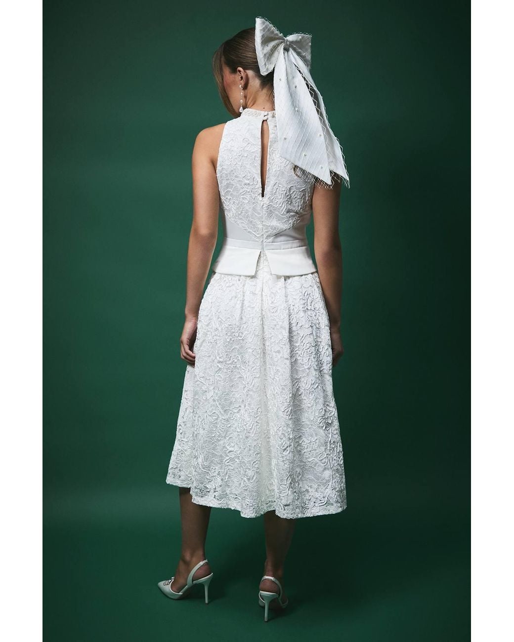 Coast Green Lisa Tan Lace Peplum Detail Midi Wedding Dress