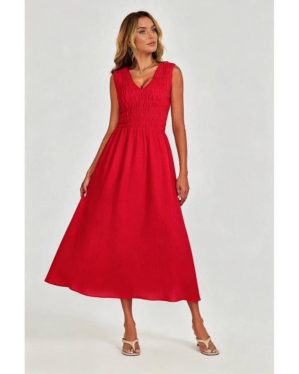 FS Collection Sleeveless Shirred Bodice Midi Dress