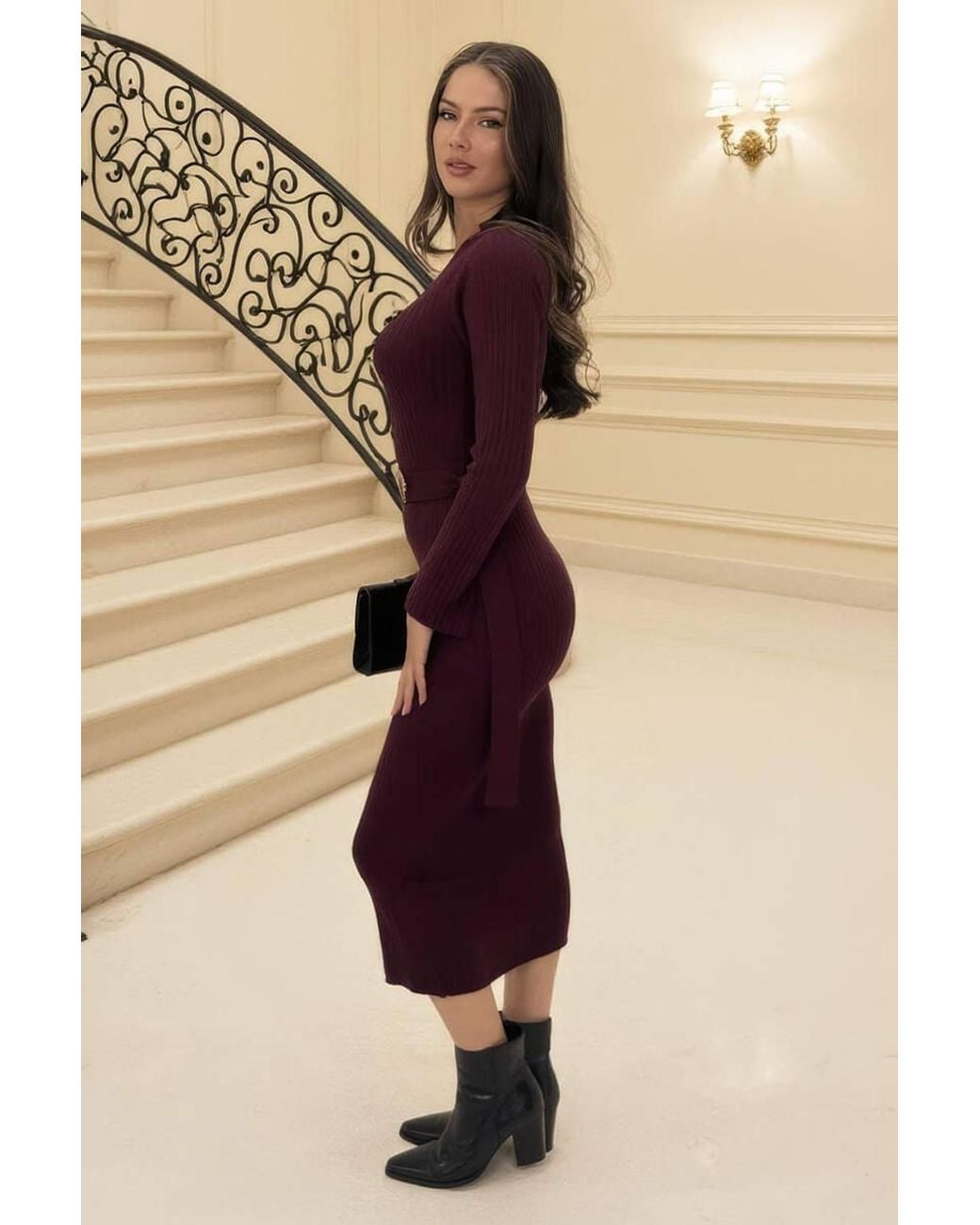 AX Paris Black Rib Knit Buckle Detail Midi Dress