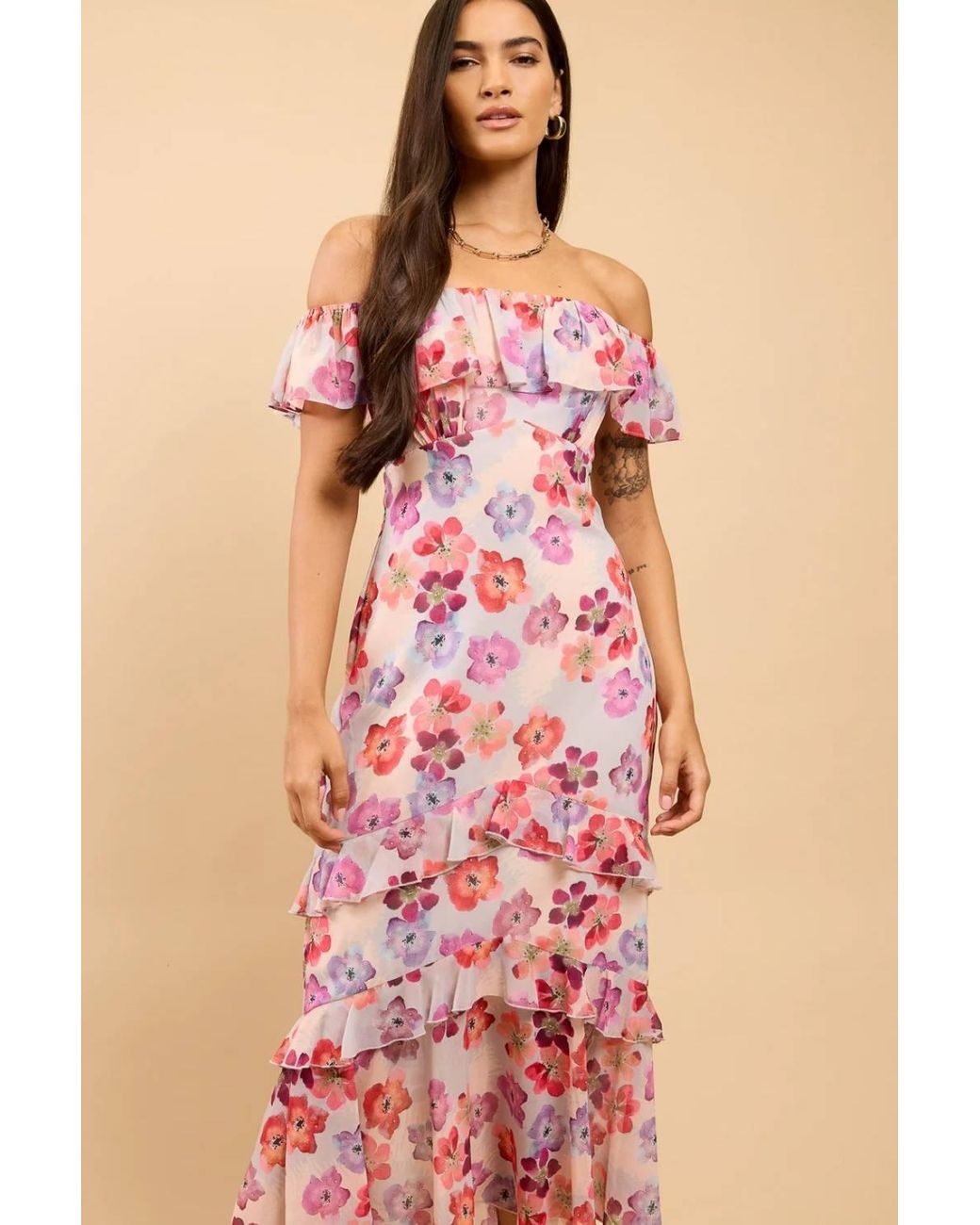 Little Mistress Pink Floral Print Ruffle Bardot Midaxi Dress