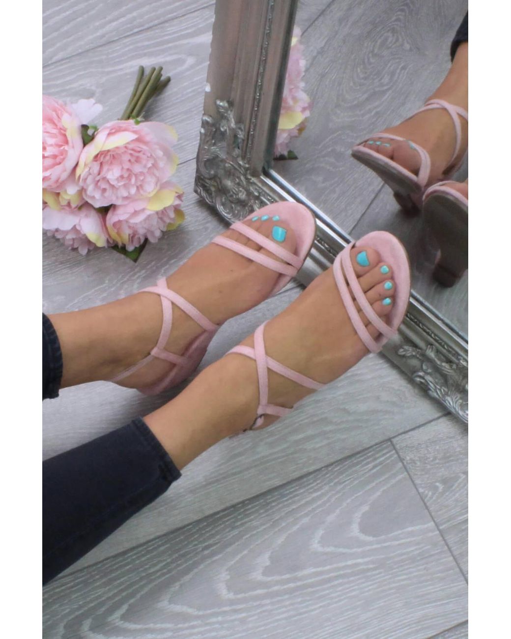 AJVANI Pink Mid Wedge Heel Crossed Straps Sandals