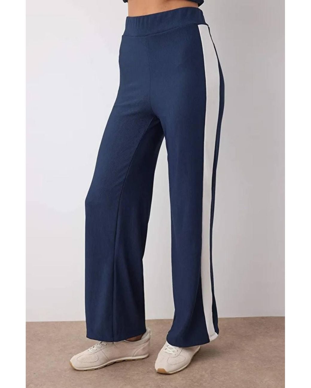 WOVCOR Blue 2-Piece Knit Blouse & Pants Set W/ Stripe Detail