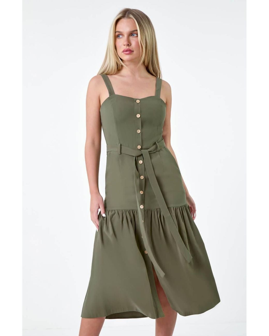 Roman Green Petite Button Front Tiered Midi Dress