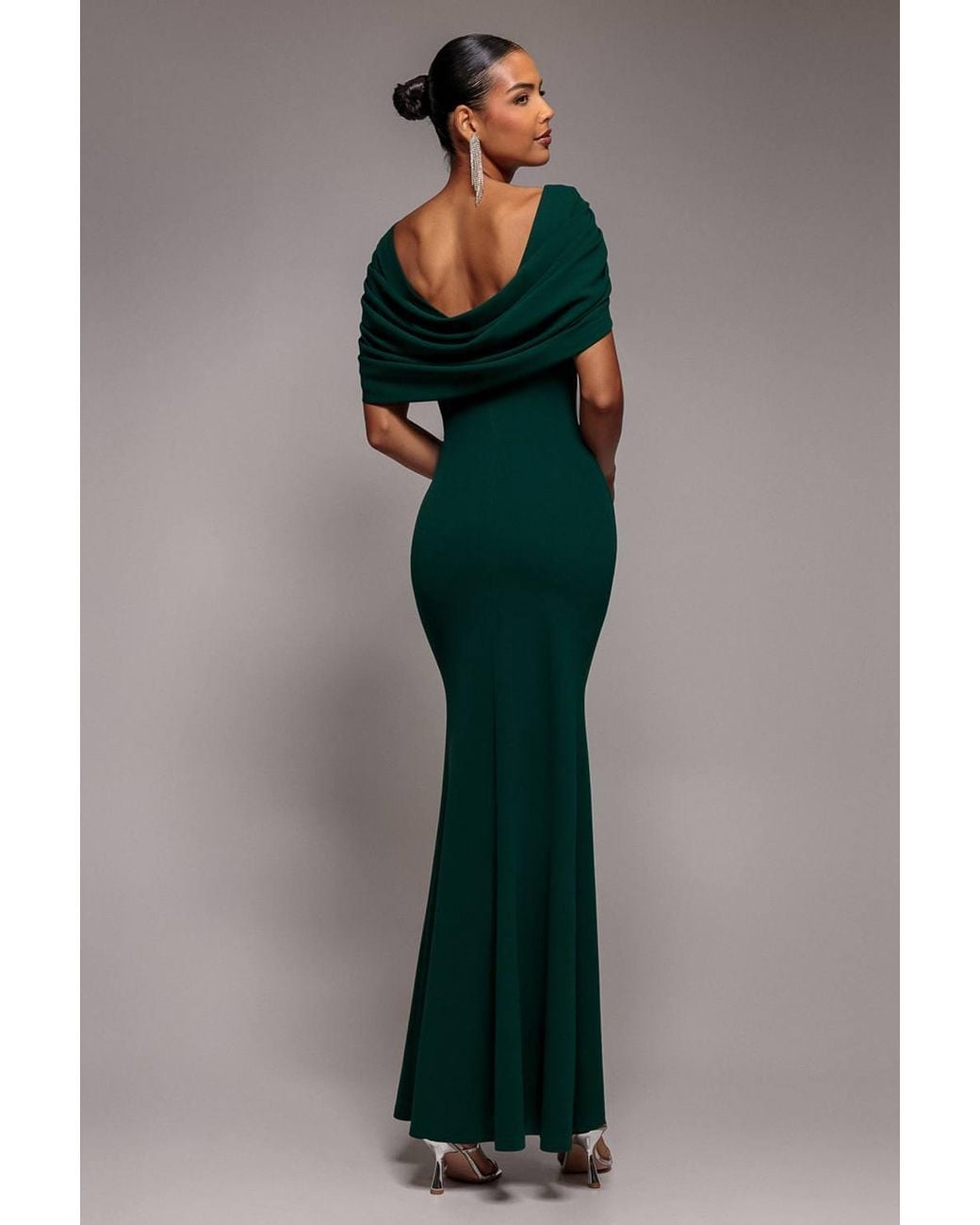 Goddiva Gray V Neck Cowl Back Pleated Sleeve Scuba Maxi Dress