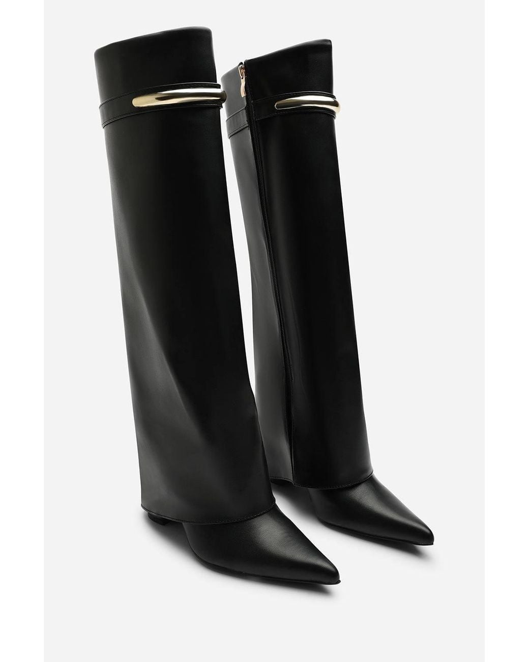 Where's That From Black Nareva Fold Over Shark Block Heel Point Toe Boots W/ Trim Detail