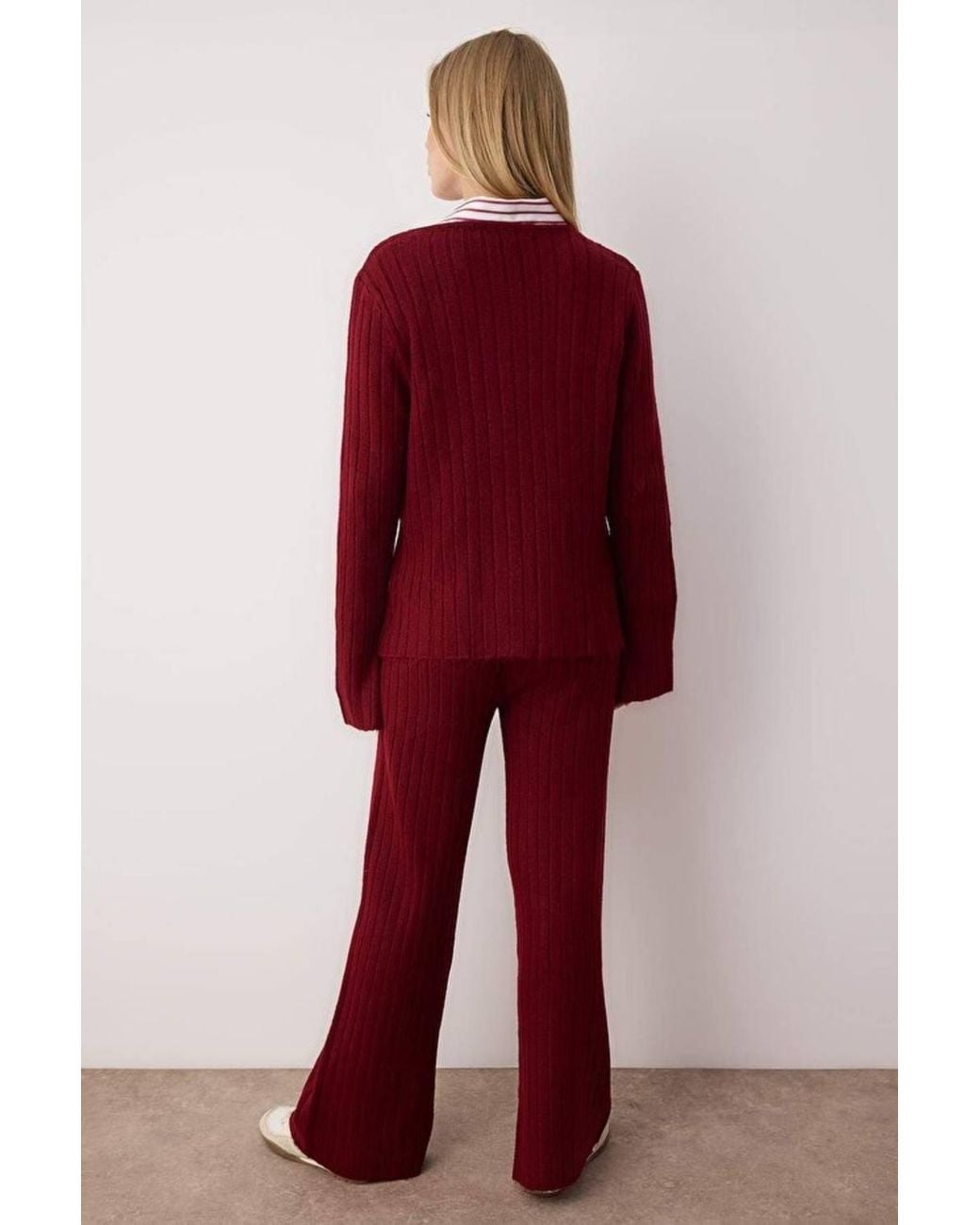 WOVCOR Red 2-Piece Soft Texture Knit Sweater & Wide Leg Pants Set