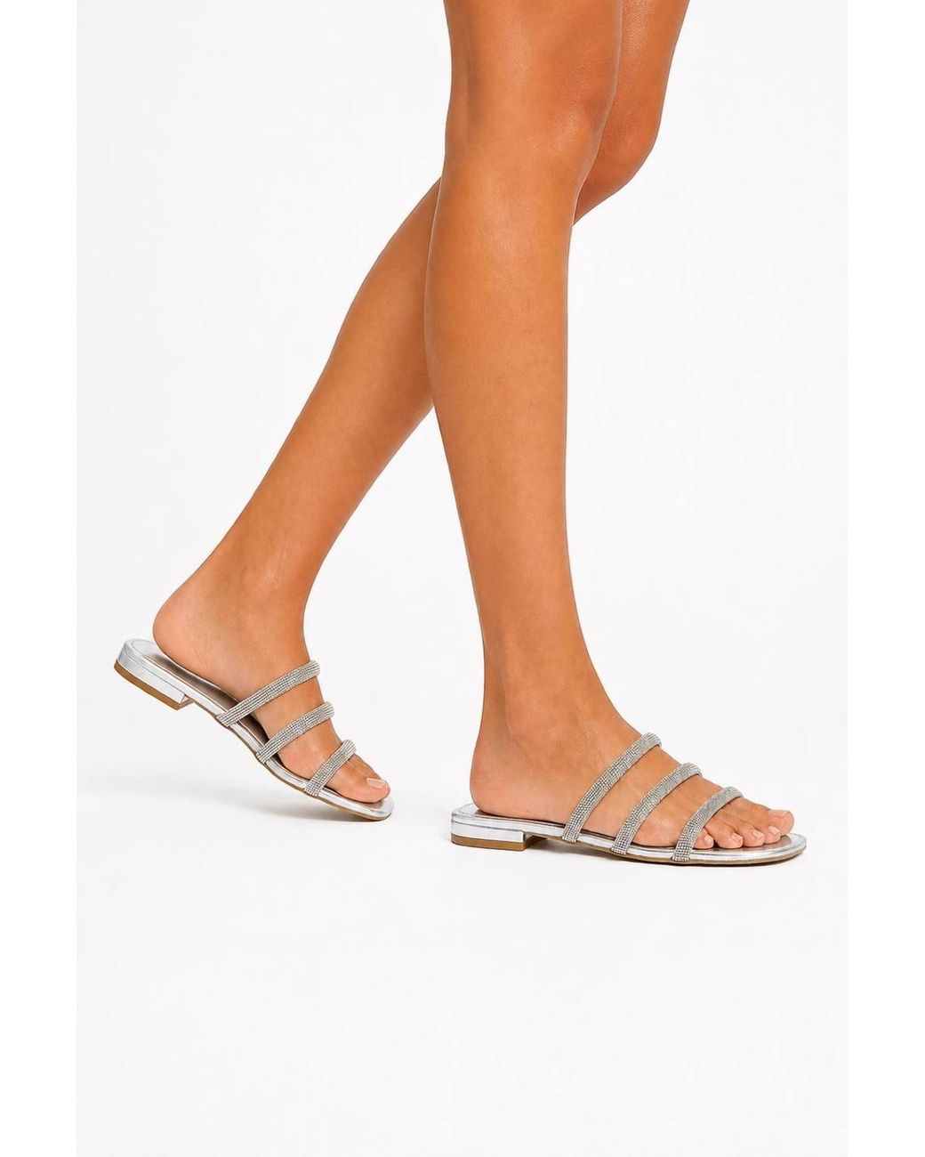 Miss Diva White Lydia Diamante Band Sliders