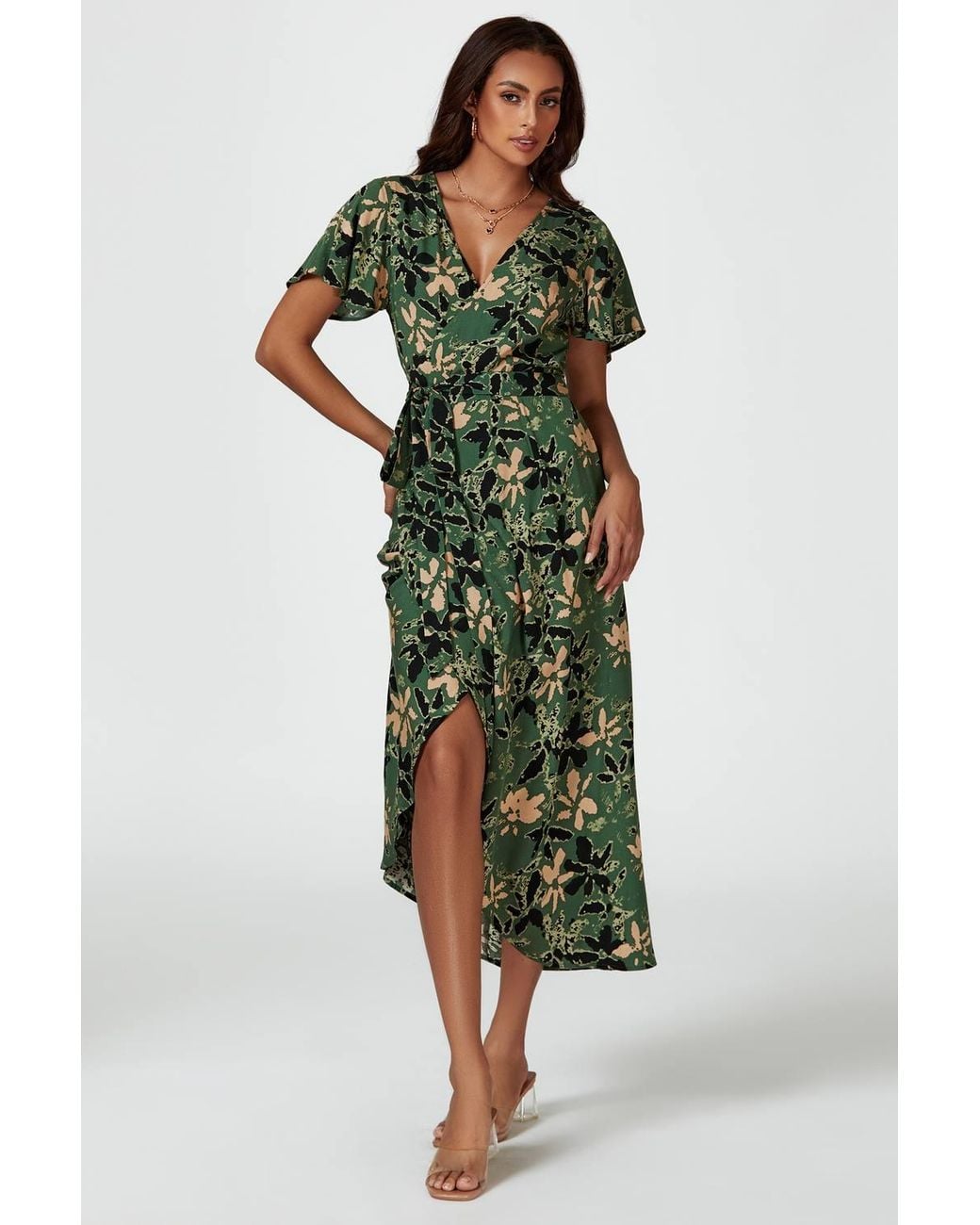 FS Collection Green Abstract Floral Wrap Maxi Dress