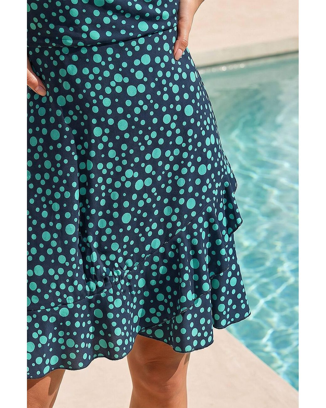 Roman Blue Petite Polka Dot Frill Hem Dress