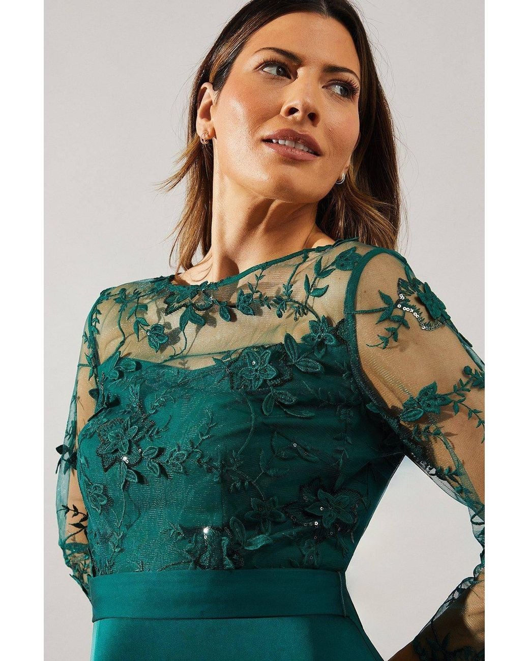 Wallis Green Satin And Mesh Overlay Fit And Flare Dress