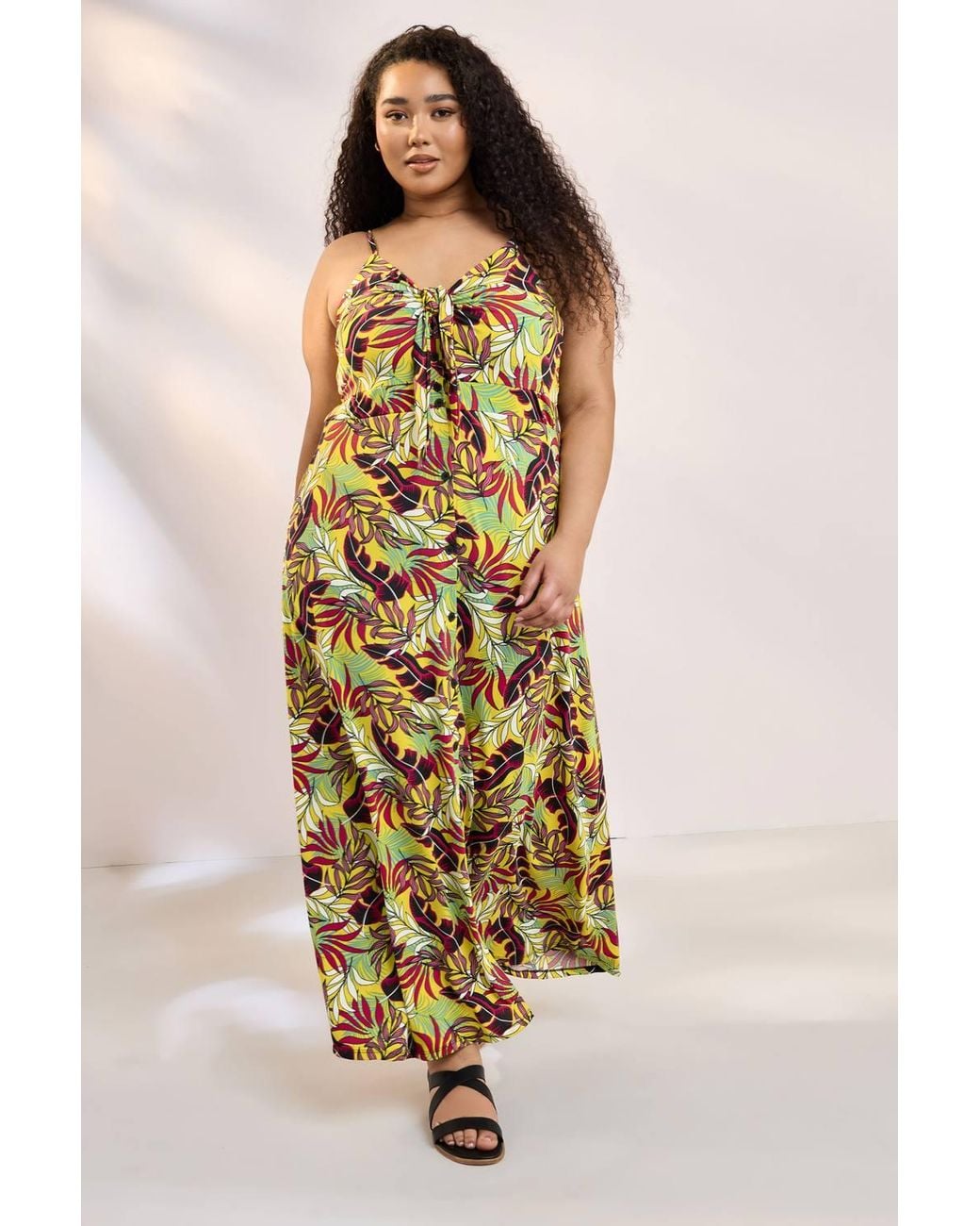 Yours Metallic Tropical Leaf Print Maxi Dress