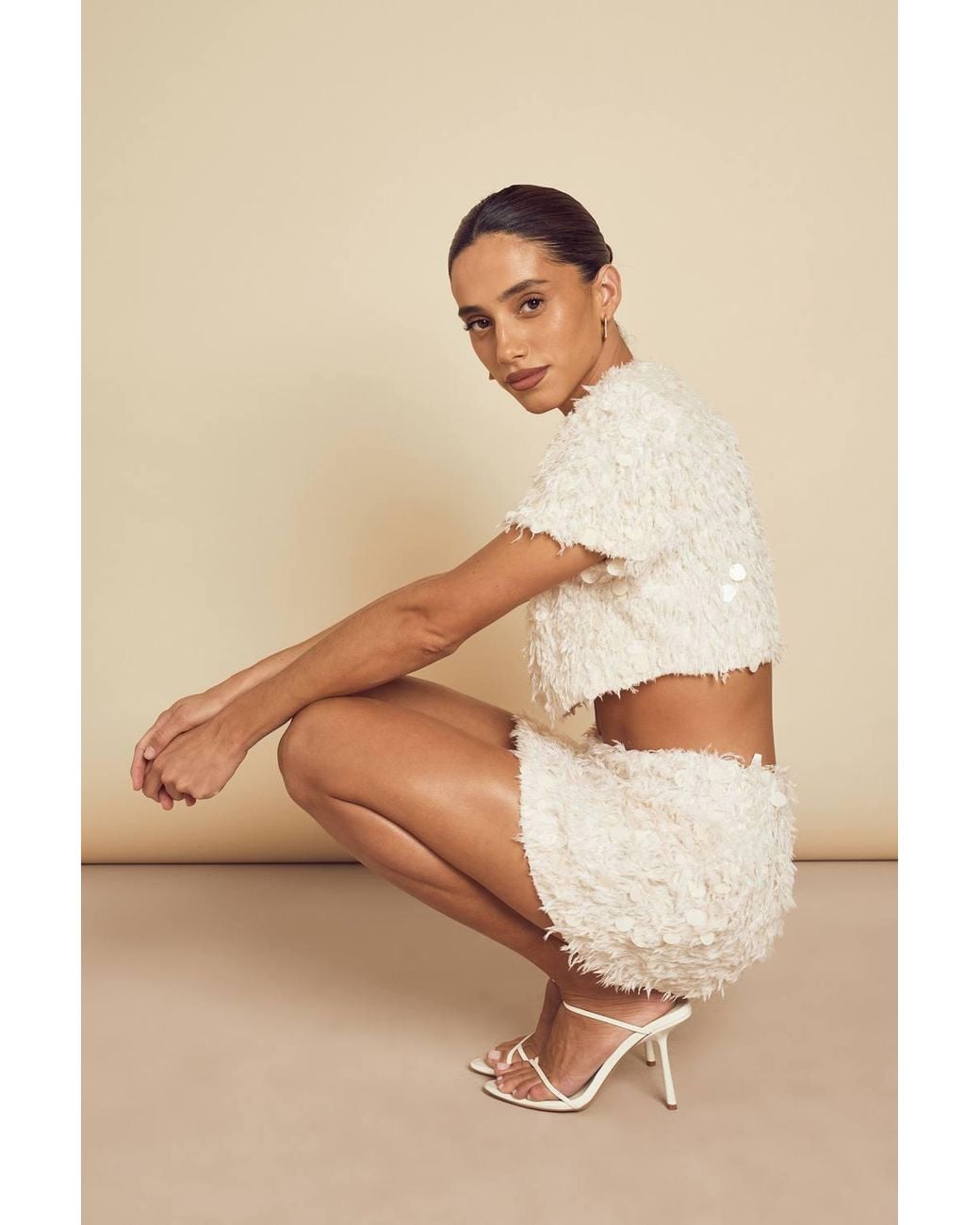 MissPap Natural Textured Fluffy Sequin Mix Crop Top