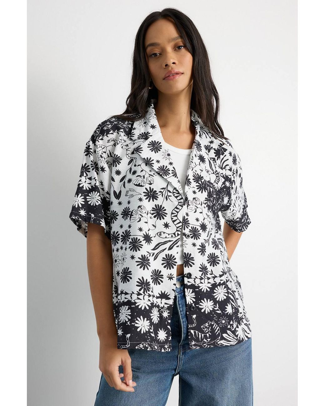 Warehouse Blue Scarf Print Button Through Blouse