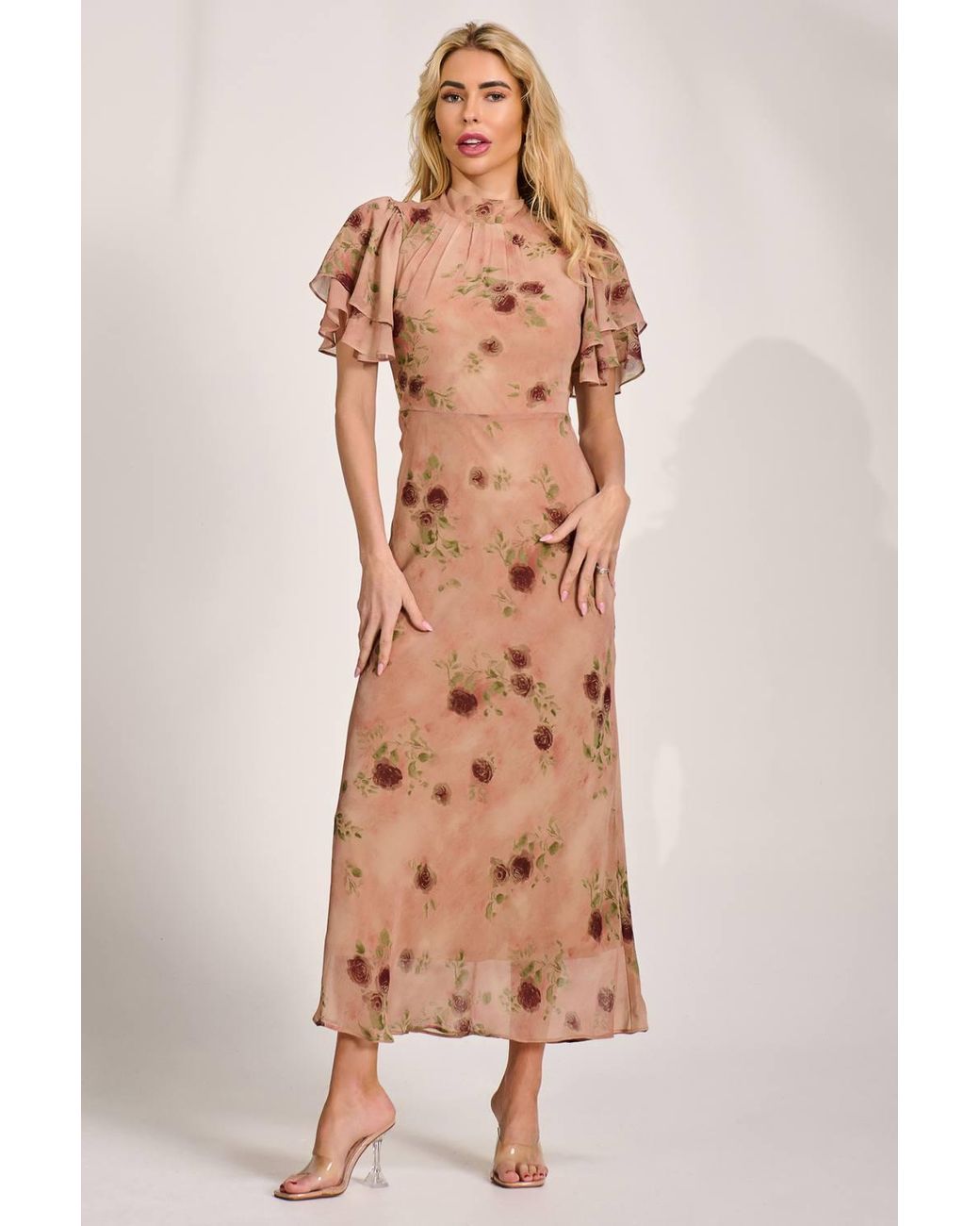 Jolie Moi Multicolor High Neck Angel Sleeve Chiffon Maxi Dress
