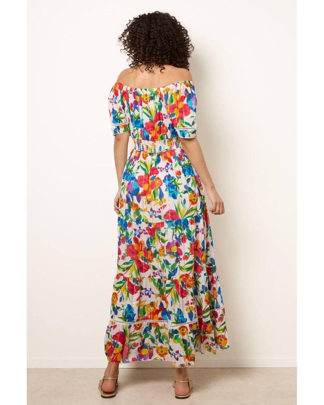 Blue Vanilla White Multi Short Sleeve Slip On Bardot Maxi Dress