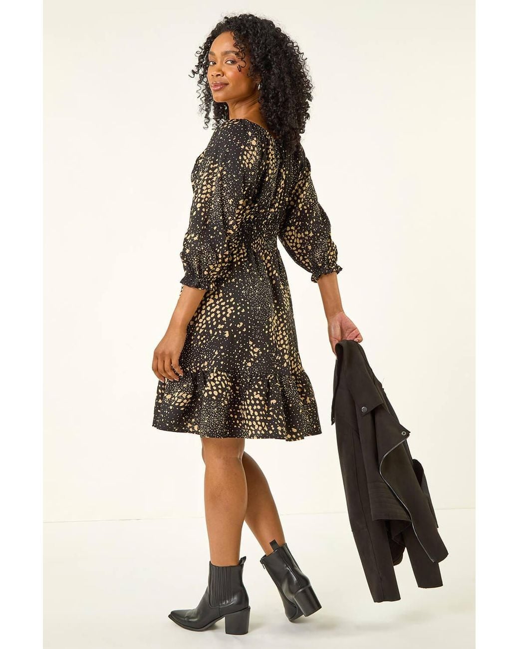Roman Black Petite Spot Print Frill Detail Dress