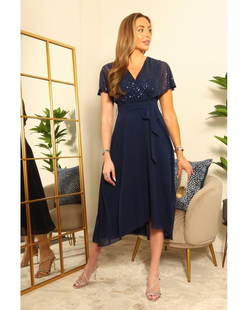Double Second Blue Chiffon Dress With Sequin Cape