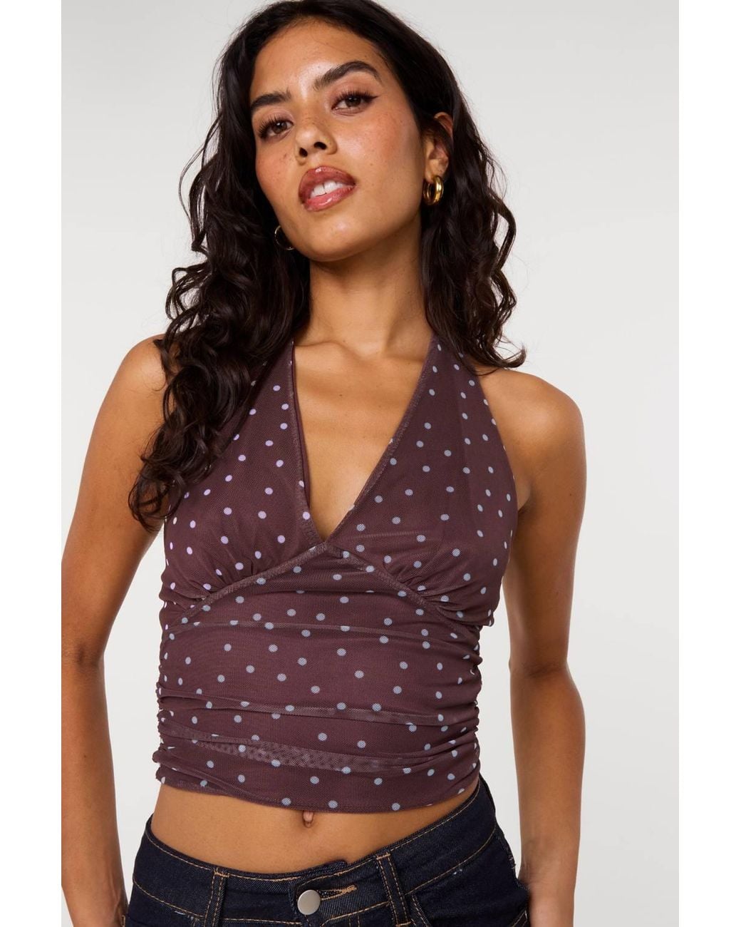 Pink Vanilla Brown Polka Dot Ruched Side Halter Top
