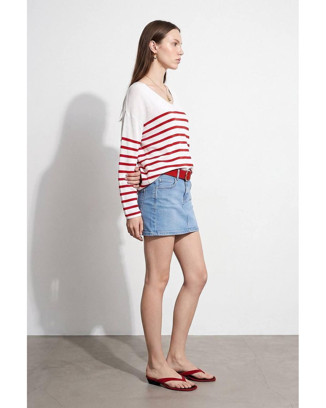 Dilvin Blue Striped V-Neck Ribbed Knit Sweater