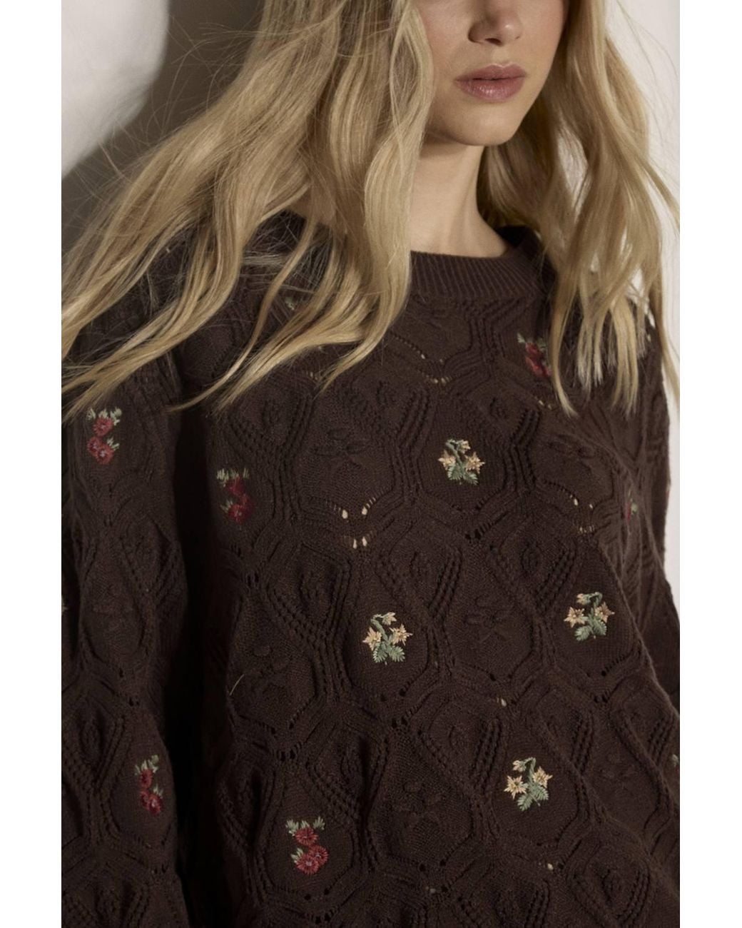 Apricot Black Pointelle Knit Floral Embroidered Jumper
