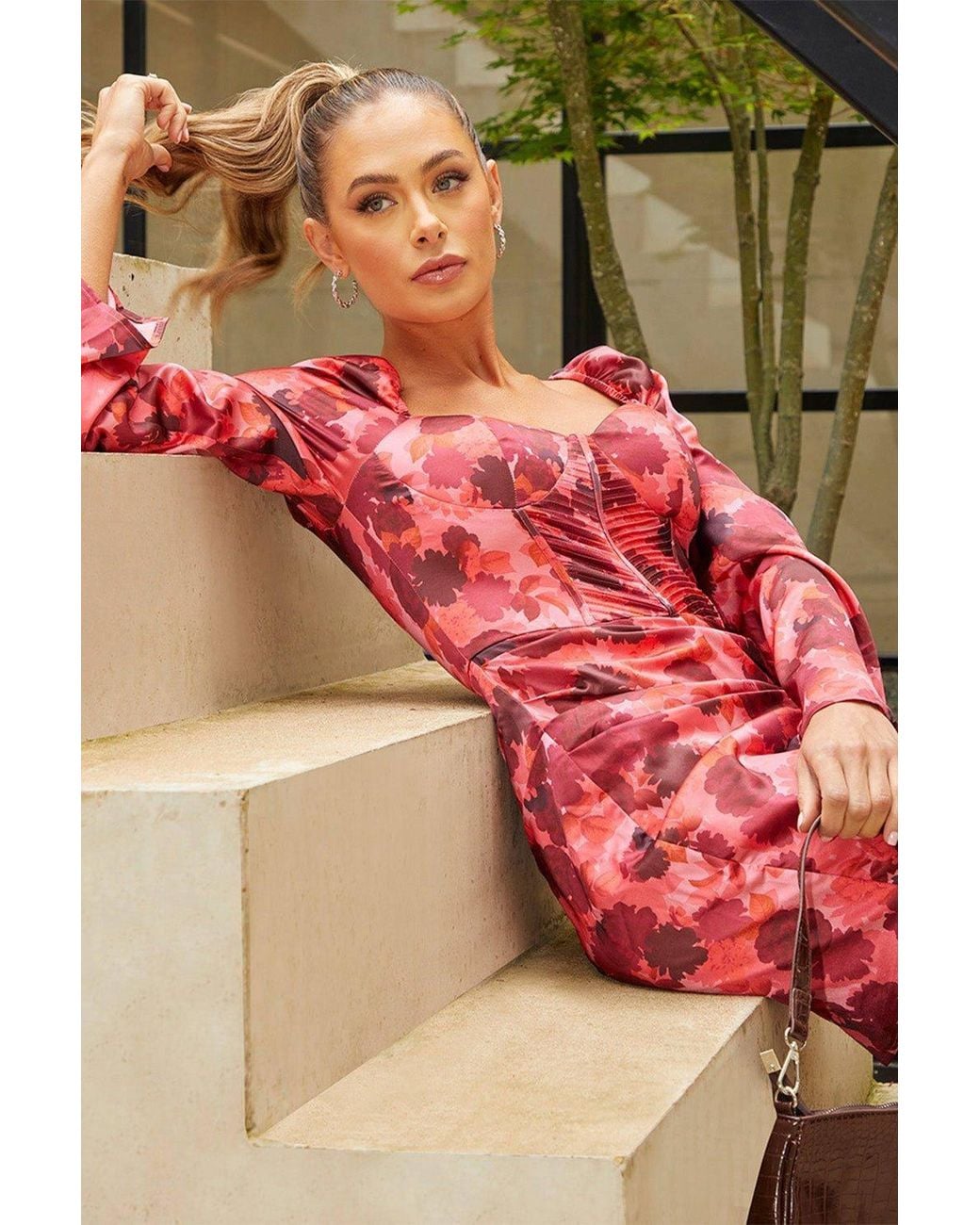 Chi Chi London Red Long Sleeve Corset Style Floral Mini Dress