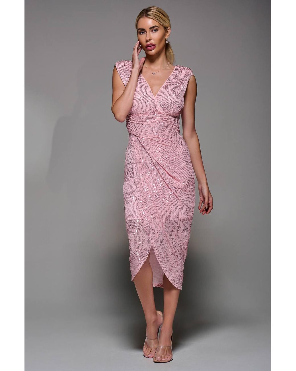 Jolie Moi Gray Sequin V Neck Ruched Wrap Bodycon Dress