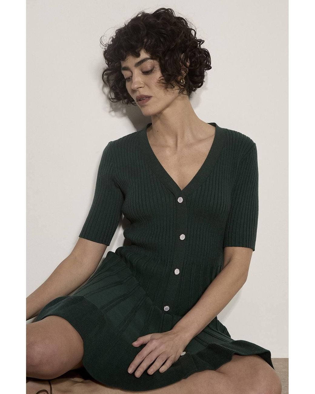Apricot Green Ribbed Knit Fit & Flare Mini Dress