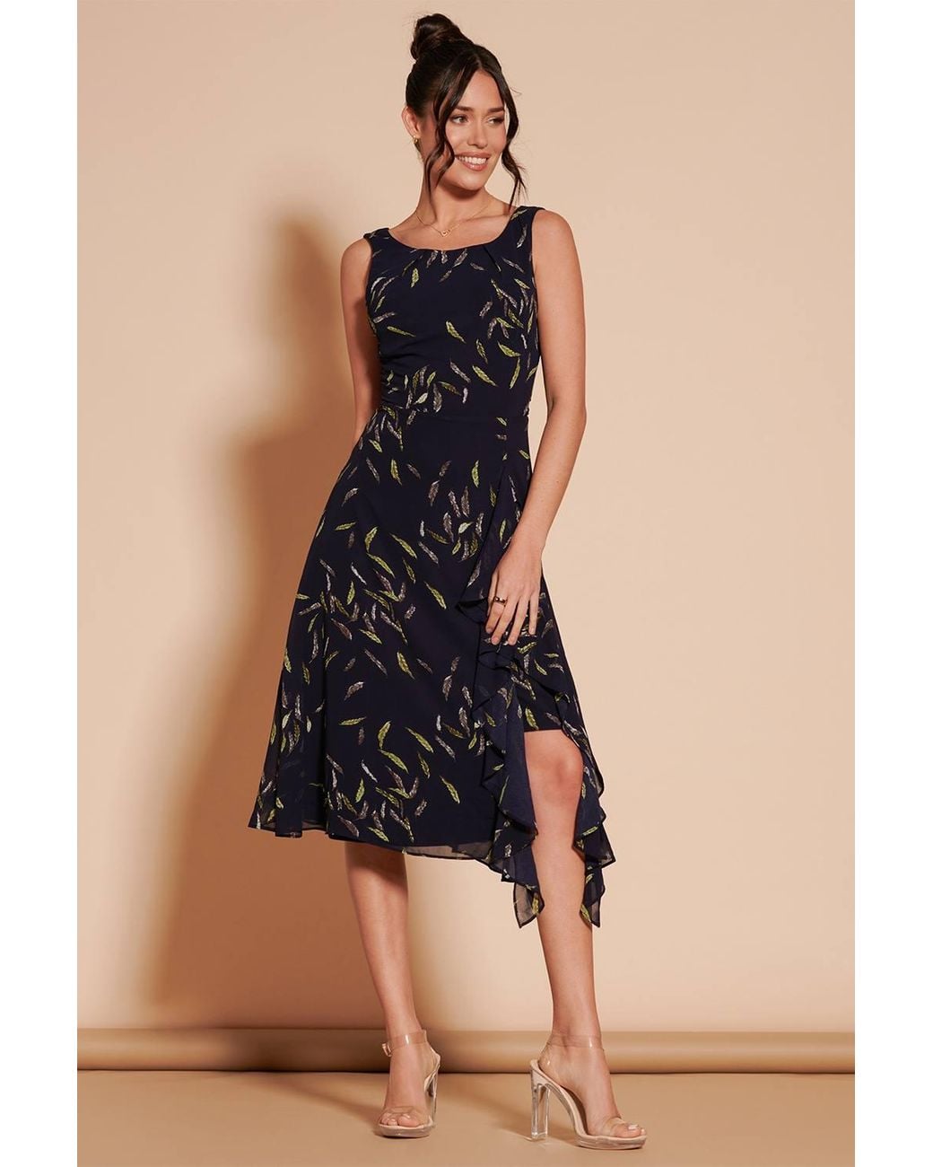 Jolie Moi Blue Print Frill Hem Chiffon Midi Dress